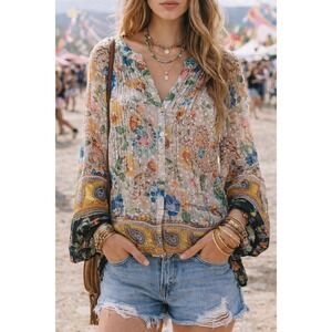 Fig & Flower Sheer Boho Shirt Women M Floral Paisley Button Front Peasant Mystic